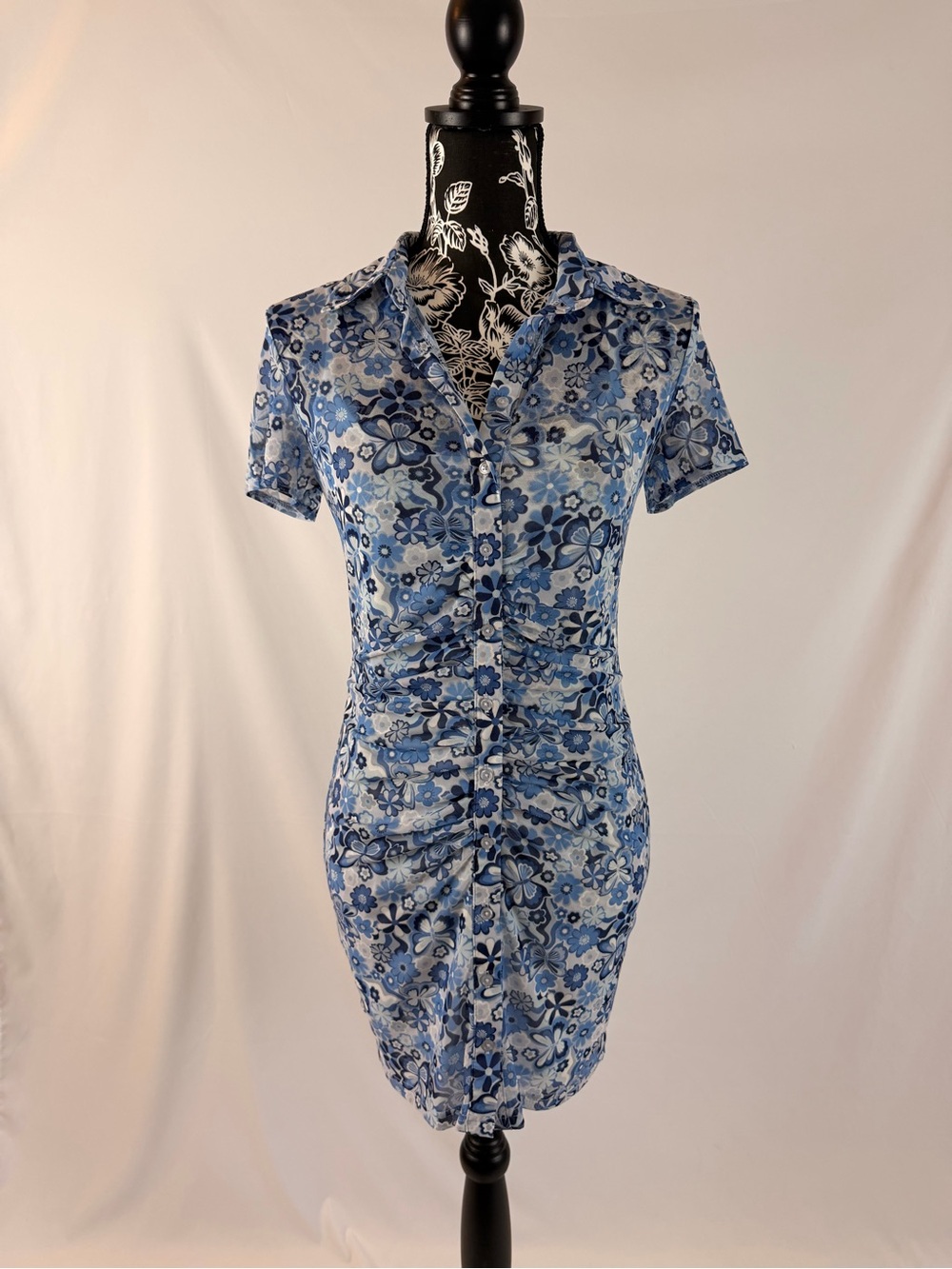Blue Floral Ruched Shirt Dress